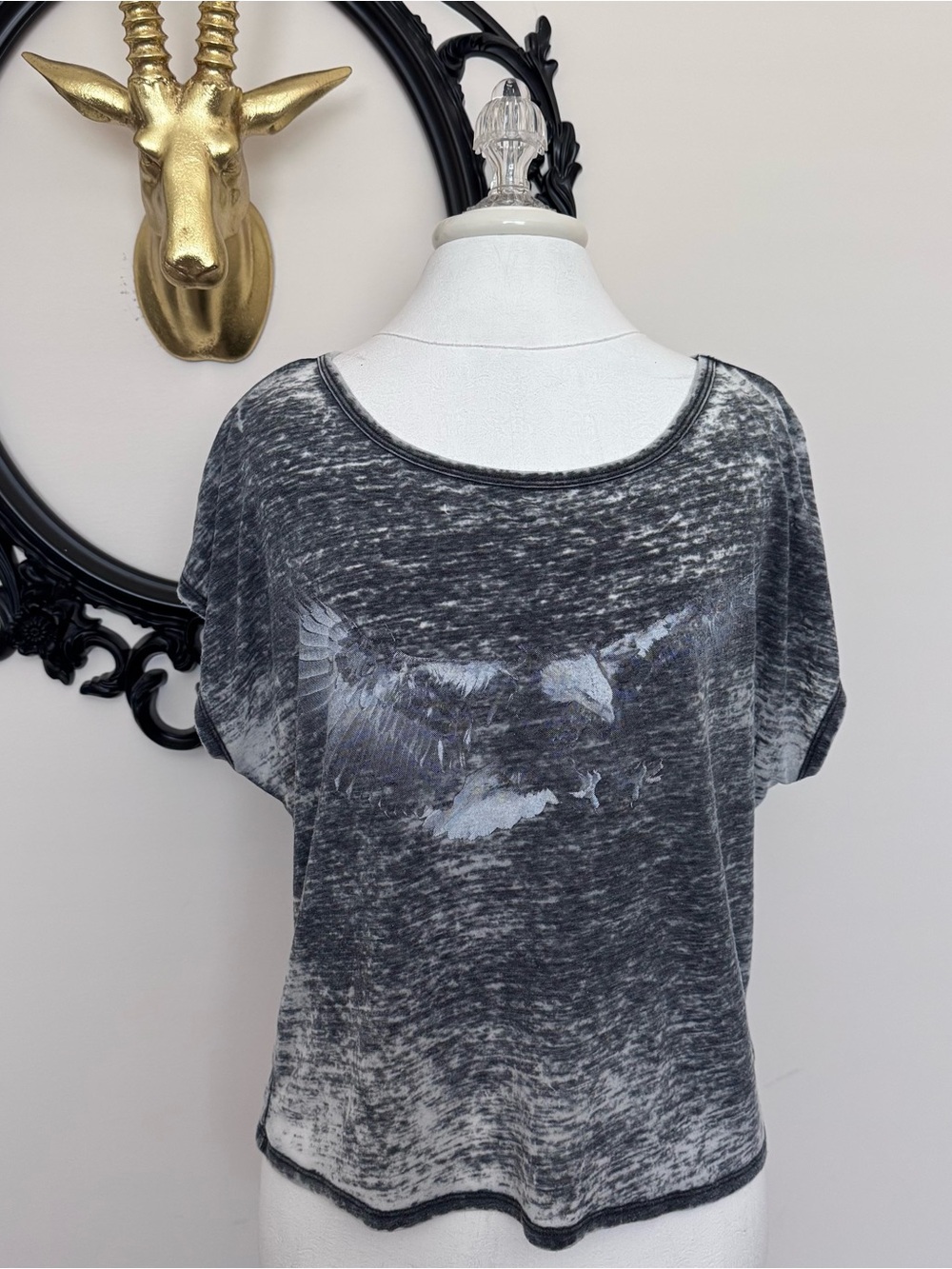 White Crow Washed Black Graphic Eagle Short Sleeve Top